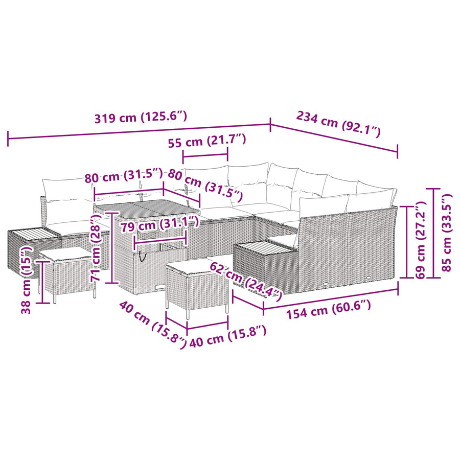 Tuinbankenset 12 pcs Zwart poly rattan