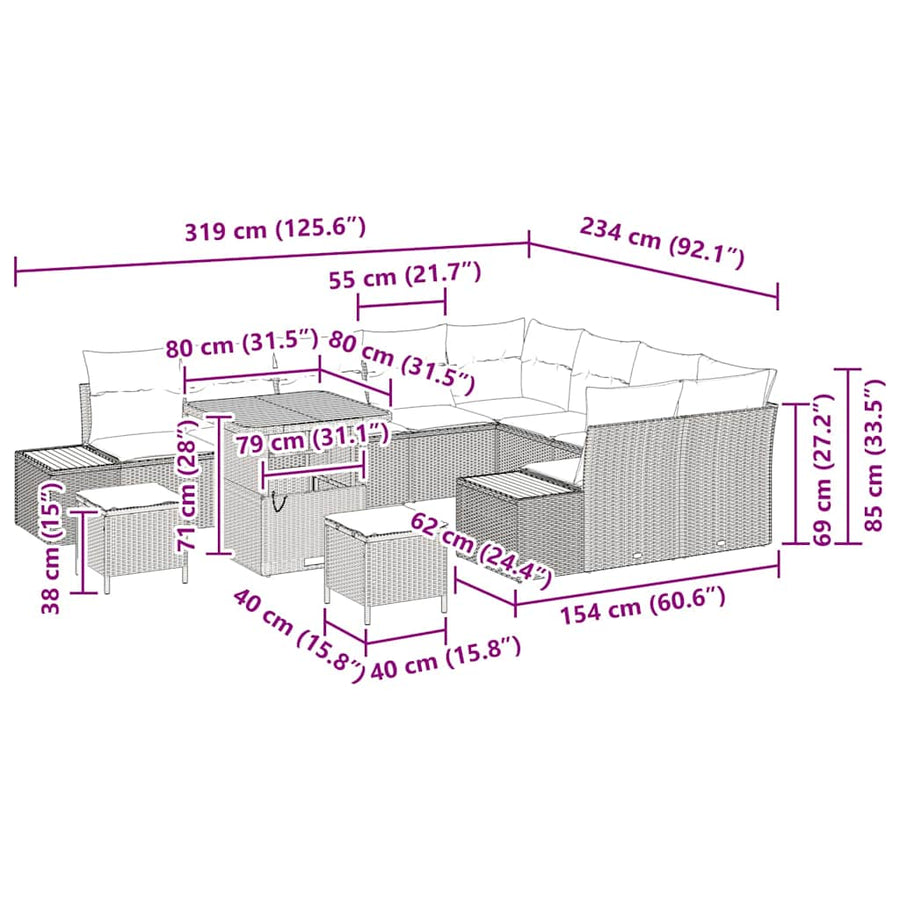 Tuinbankenset 12 pcs Grijs poly rattan