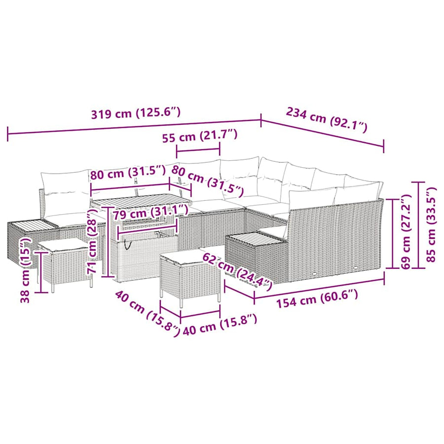 Tuinbankenset 12 pcs Zwart poly rattan