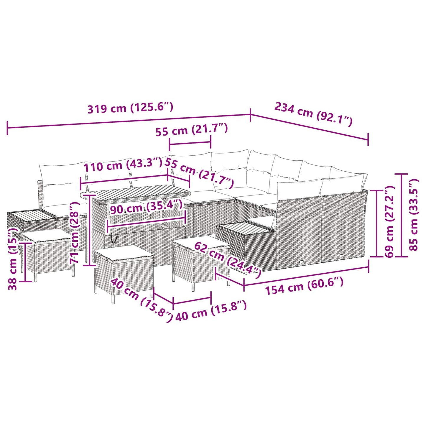 Tuinbankenset 13 pcs Zwart poly rattan