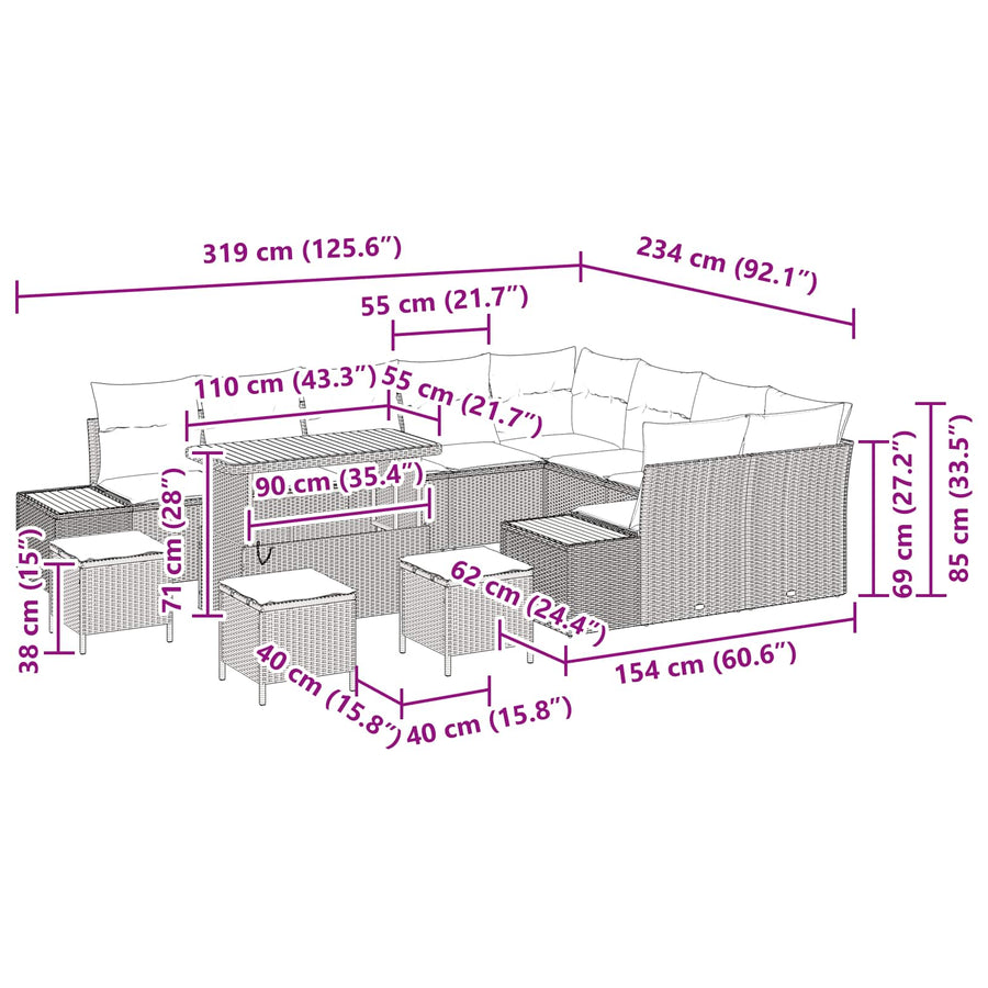Tuinbankenset 13 pcs Zwart poly rattan