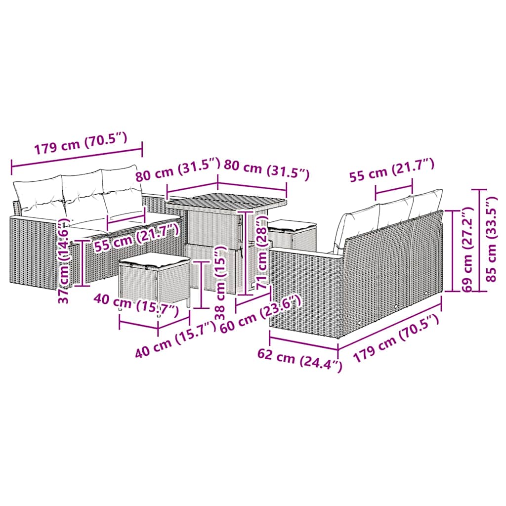 Tuinbankenset 9 pcs Grijs poly rattan