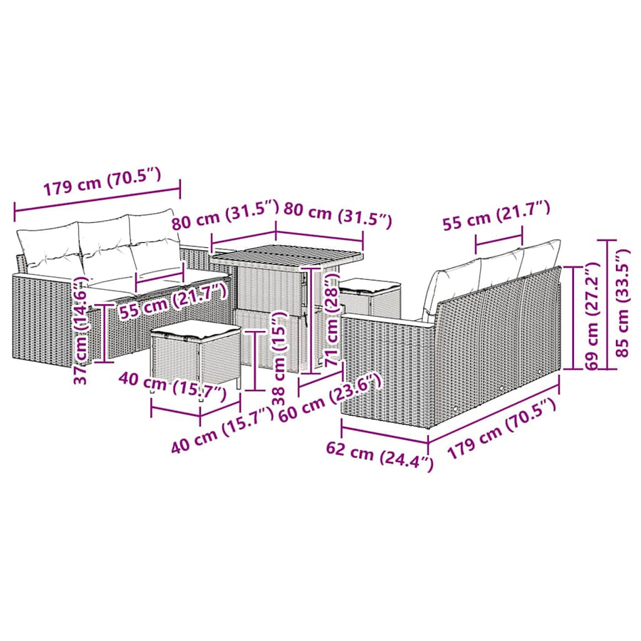 Tuinbankenset 9 pcs Grijs poly rattan
