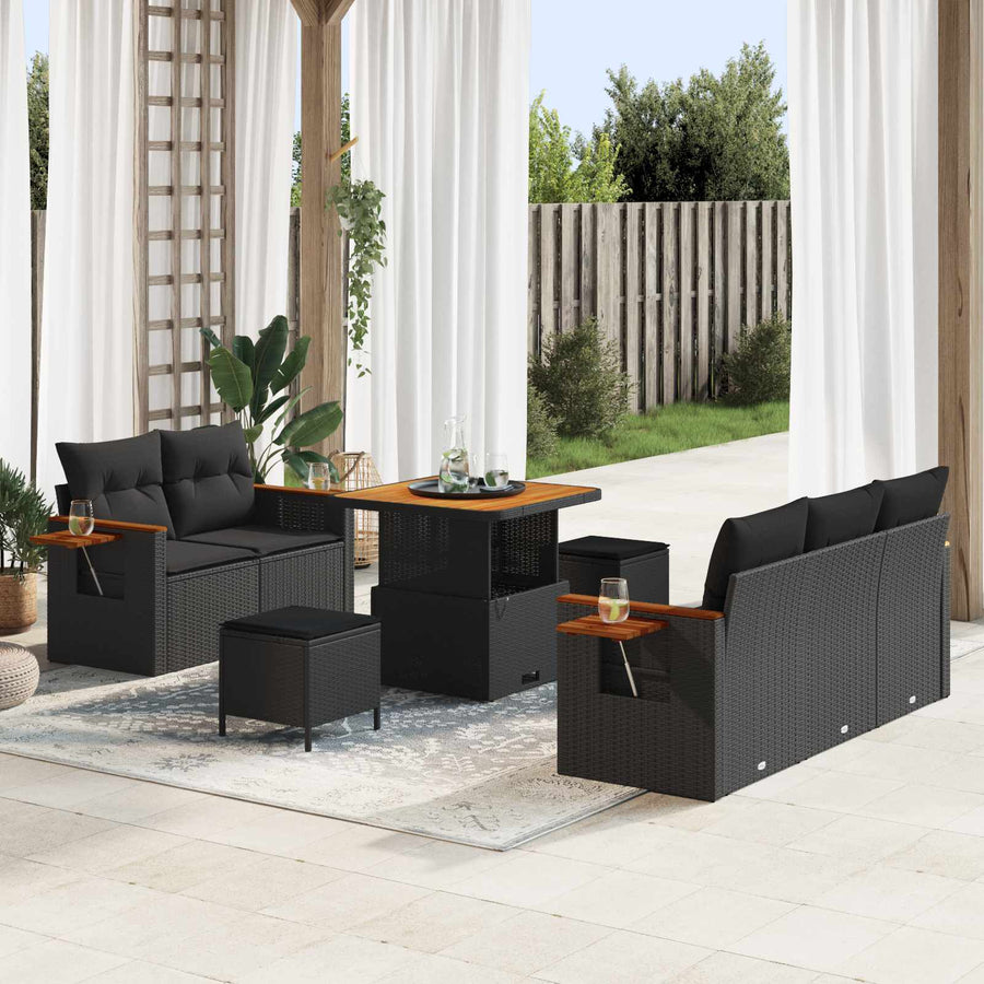 Tuinbankenset 8 pcs Zwart Poly rattan en gepoedercoat staal
