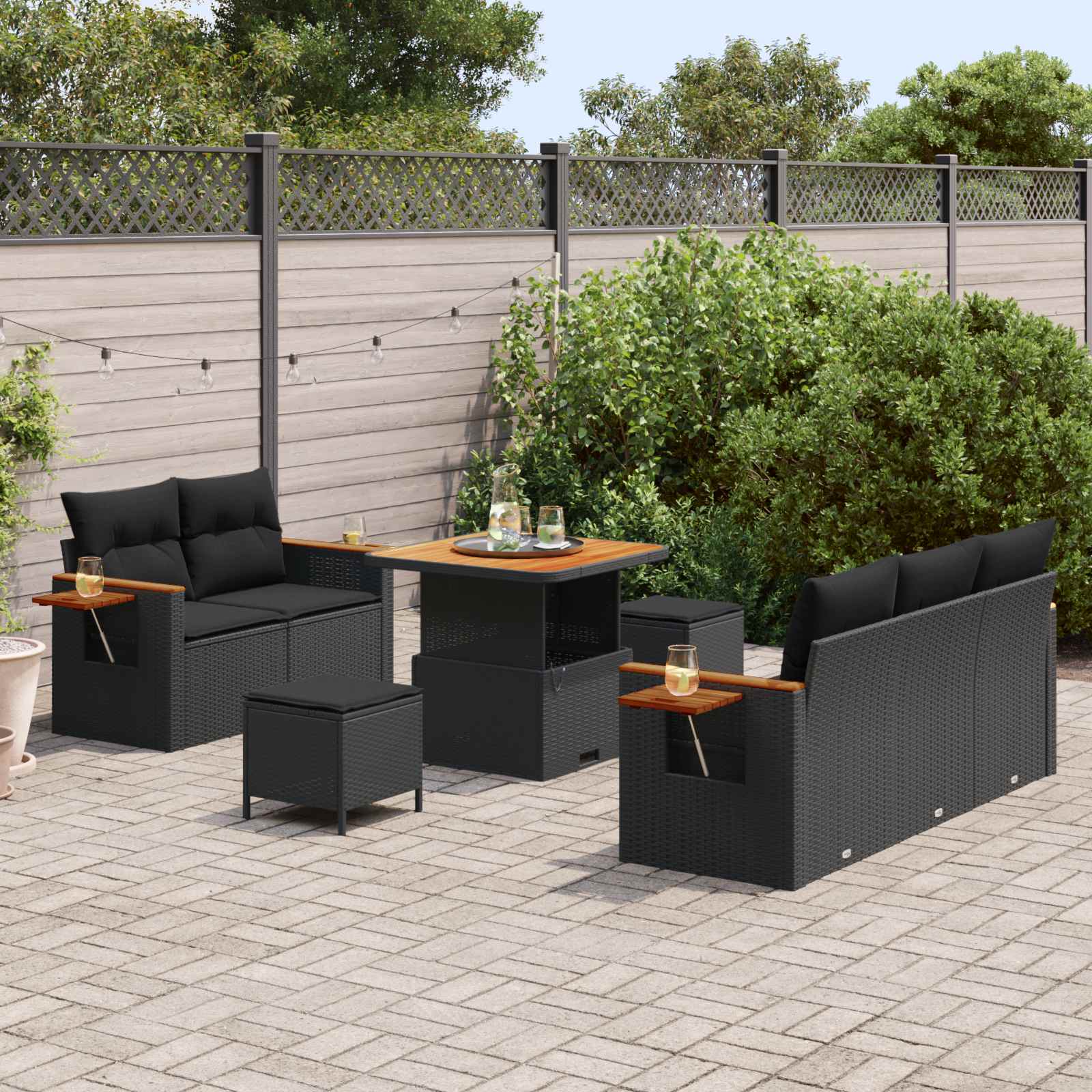 Tuinbankenset 8 pcs Zwart Poly rattan en gepoedercoat staal