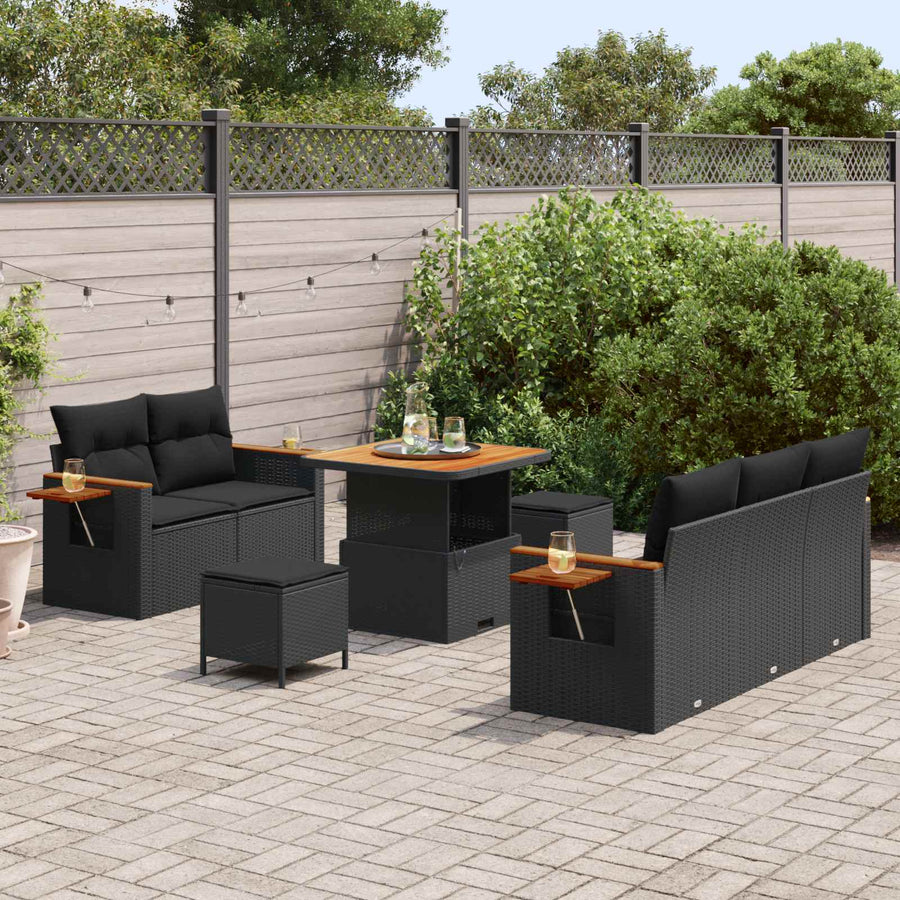 Tuinbankenset 8 pcs Zwart Poly rattan en gepoedercoat staal