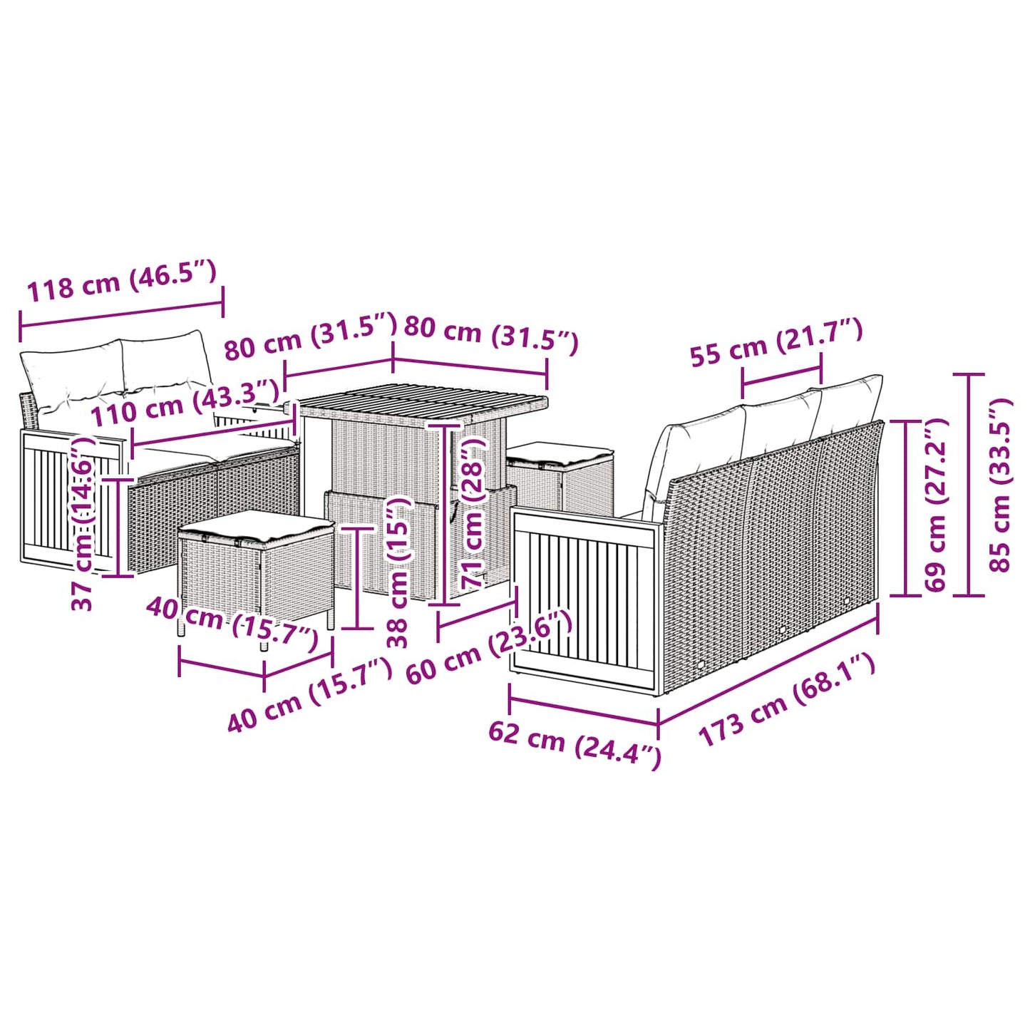 Tuinbankenset met kussen 8 pcs Beige en Crème