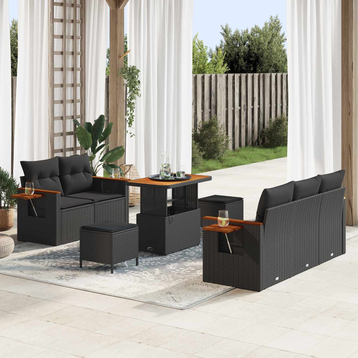 Tuinbankenset 8 pcs Zwart Poly rattan en gepoedercoat staal