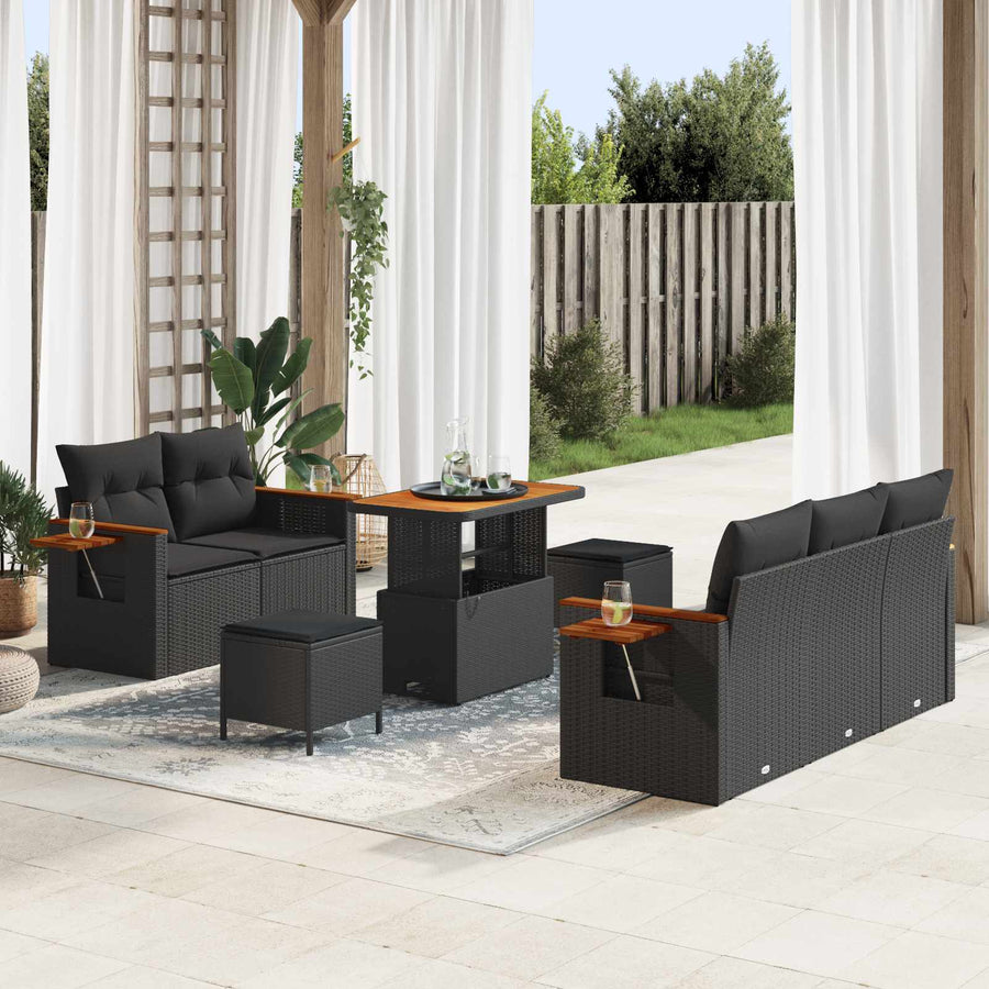 Tuinbankenset 8 pcs Zwart Poly rattan en gepoedercoat staal