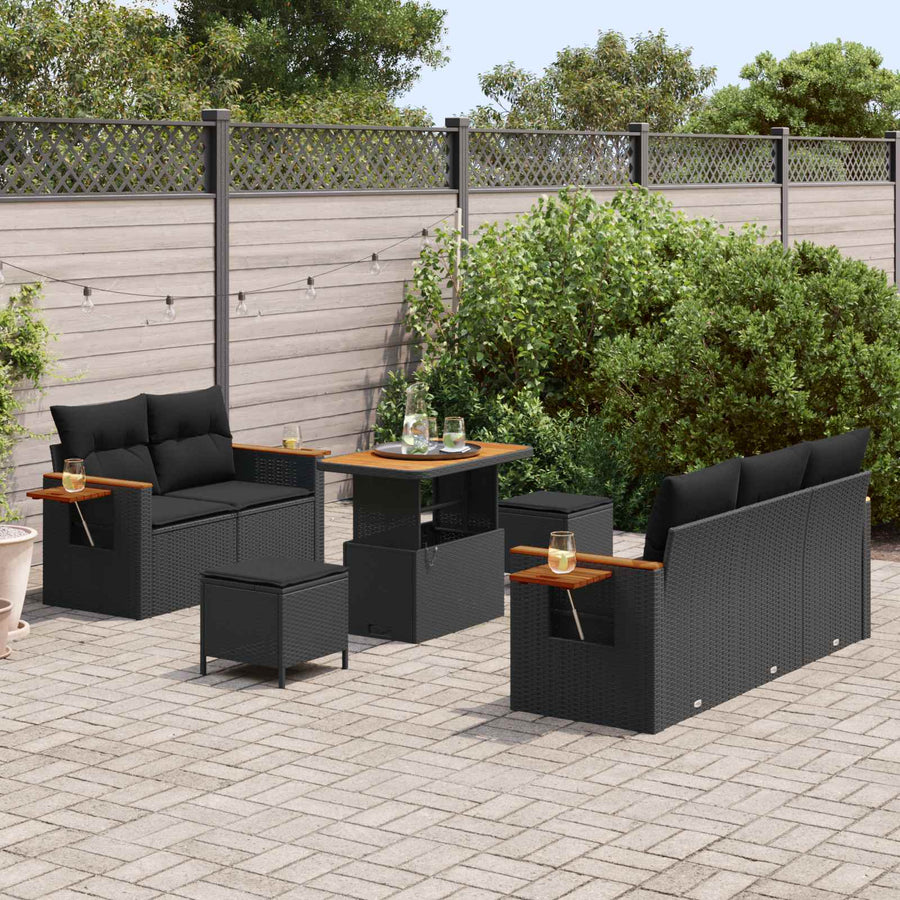 Tuinbankenset 8 pcs Zwart Poly rattan en gepoedercoat staal
