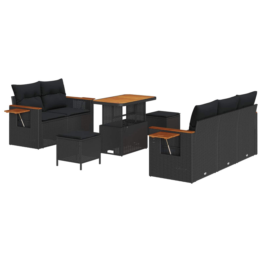 Tuinbankenset 8 pcs Zwart Poly rattan en gepoedercoat staal