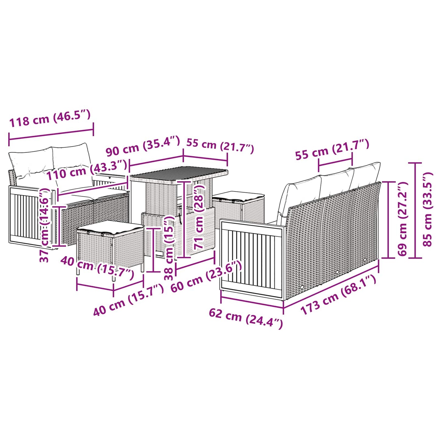 Tuinbankenset met kussen 8 pcs Beige en Crème