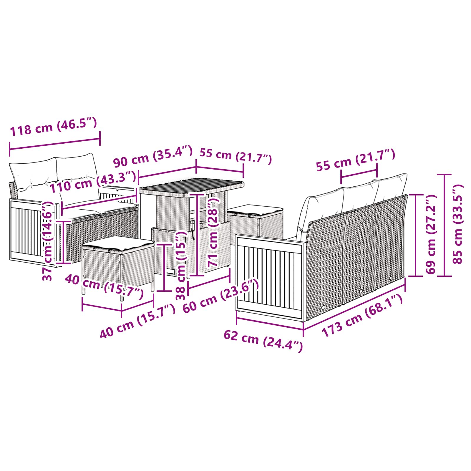 Tuinbankenset met kussen 8 pcs Beige en Crème