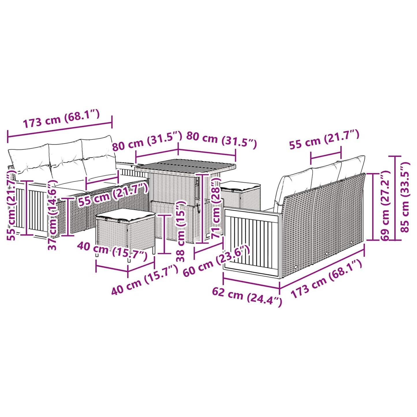 Tuinbankenset met kussen 9 pcs Beige en Crème