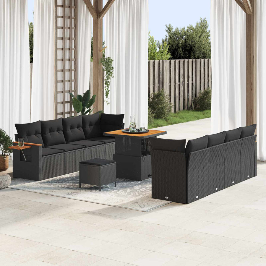 Tuinbankenset 11 pcs Zwart Poly rattan en gepoedercoat staal