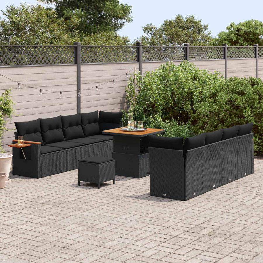 Tuinbankenset 11 pcs Zwart Poly rattan en gepoedercoat staal