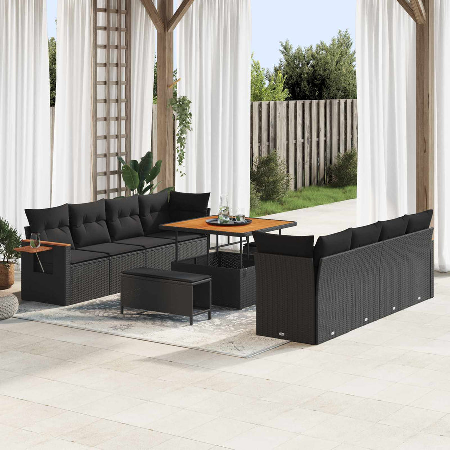 Tuinbankenset 11 pcs Zwart Poly rattan en gepoedercoat staal