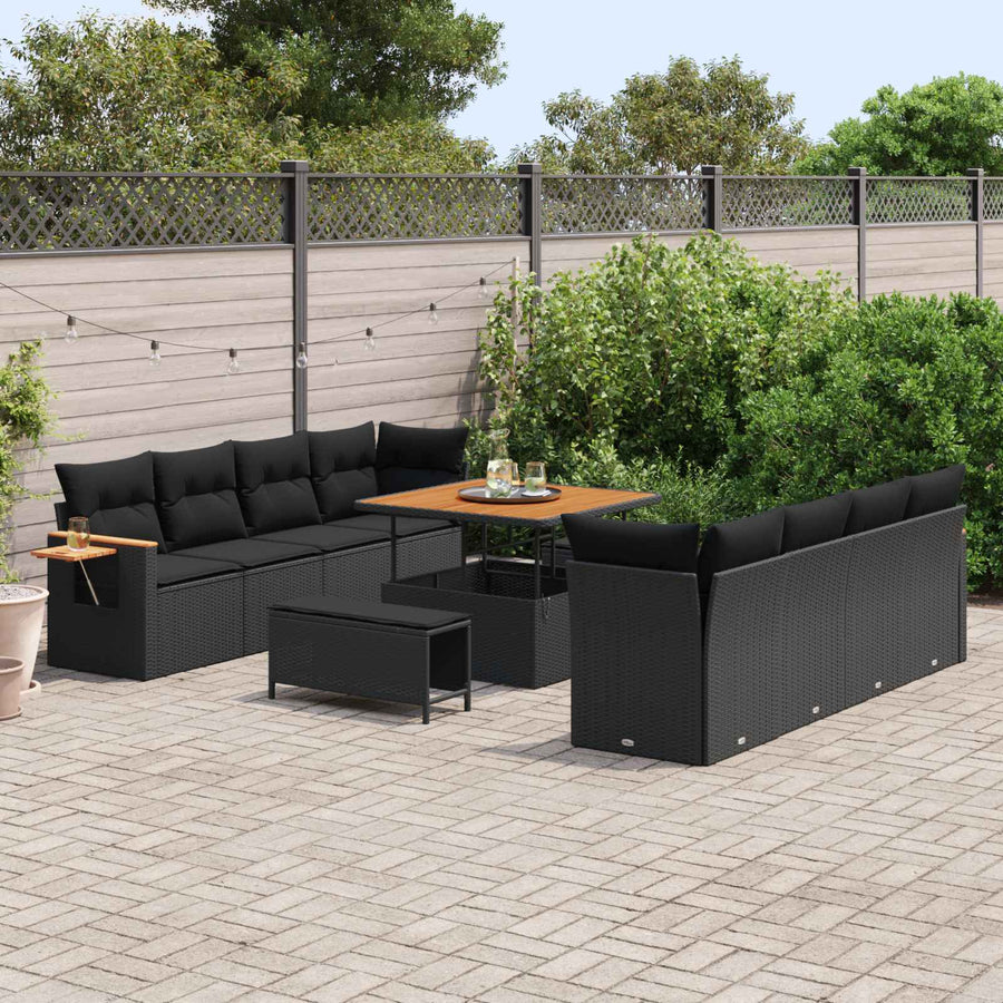 Tuinbankenset 11 pcs Zwart Poly rattan en gepoedercoat staal