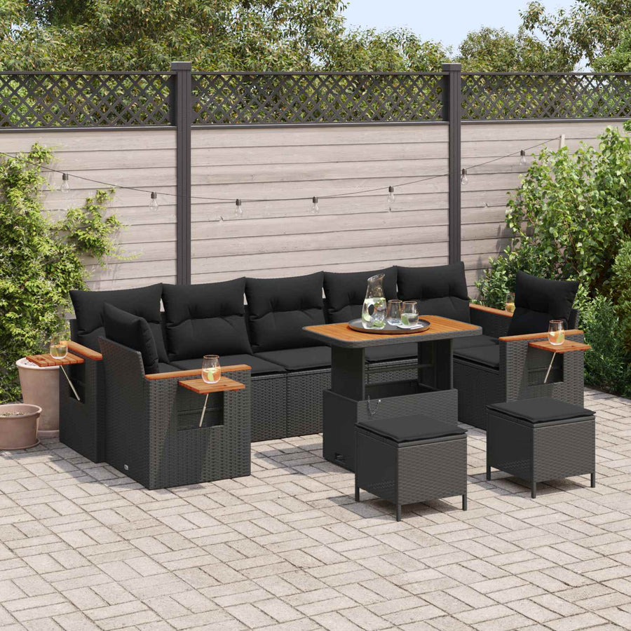 Tuinbankenset 10 pcs Zwart Poly rattan en gepoedercoat staal