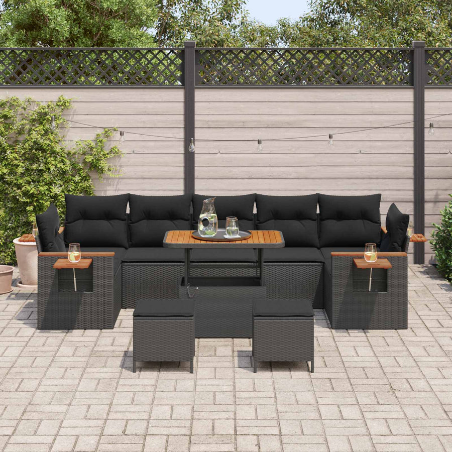 Tuinbankenset 10 pcs Zwart Poly rattan en gepoedercoat staal