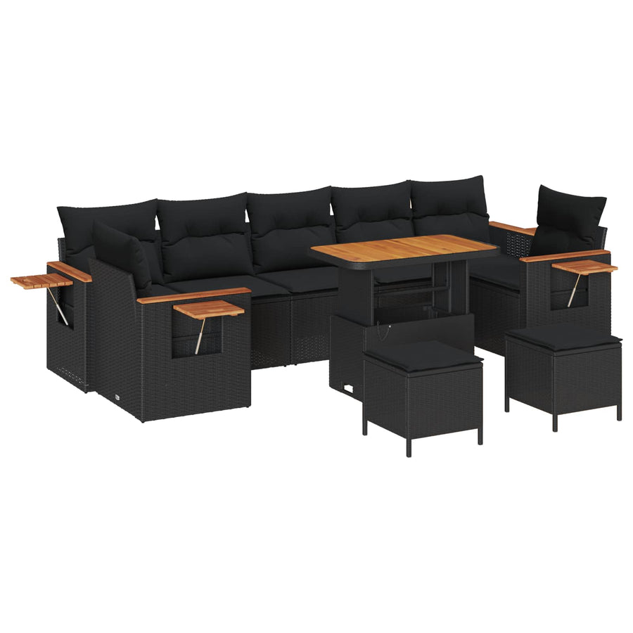 Tuinbankenset 10 pcs Zwart Poly rattan en gepoedercoat staal