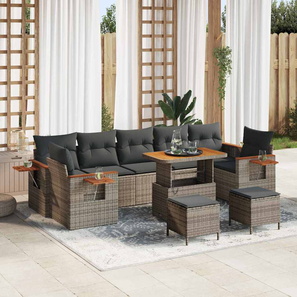 Tuinbankenset 10 pcs Grijs Poly rattan en gepoedercoat staal