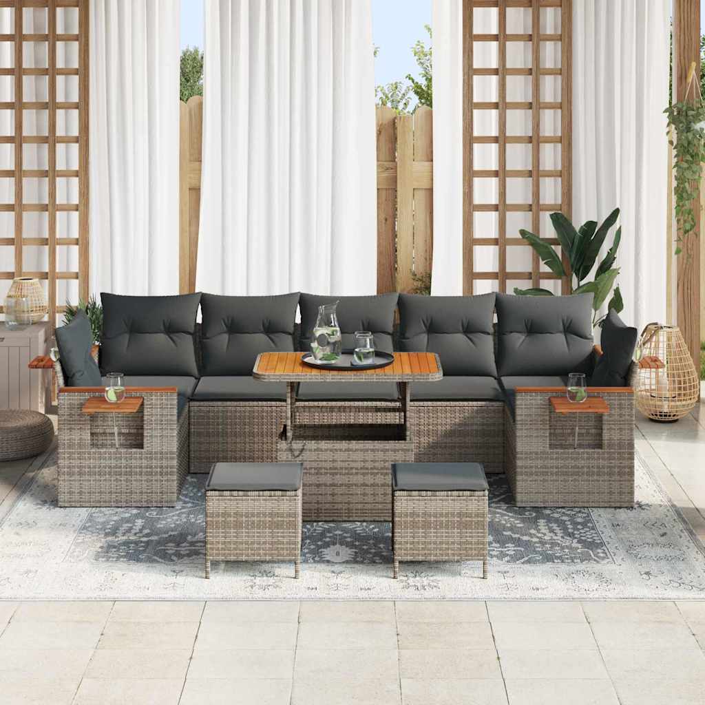 Tuinbankenset 10 pcs Grijs Poly rattan en gepoedercoat staal
