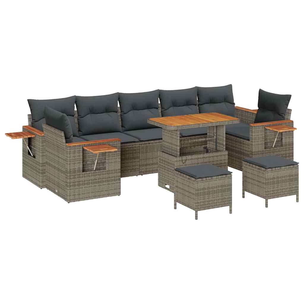 Tuinbankenset 10 pcs Grijs Poly rattan en gepoedercoat staal