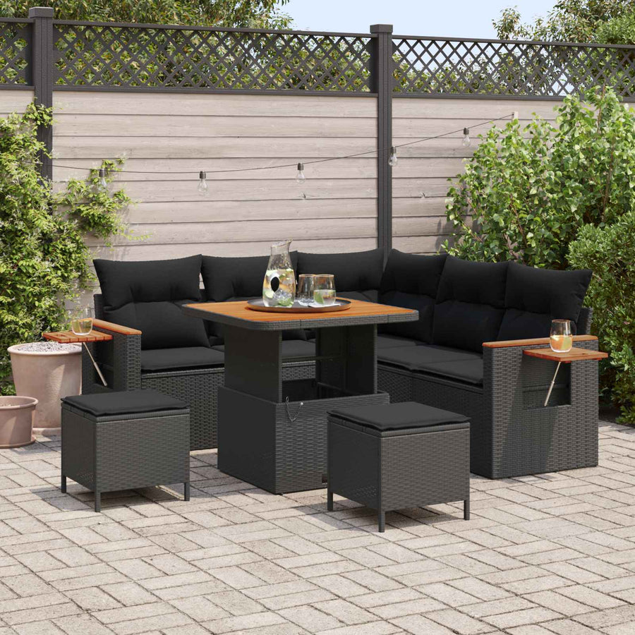 Tuinbankenset 8 pcs Zwart Poly rattan en gepoedercoat staal