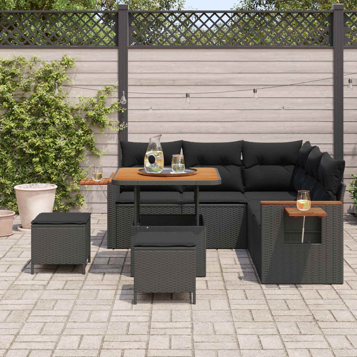 Tuinbankenset 8 pcs Zwart Poly rattan en gepoedercoat staal