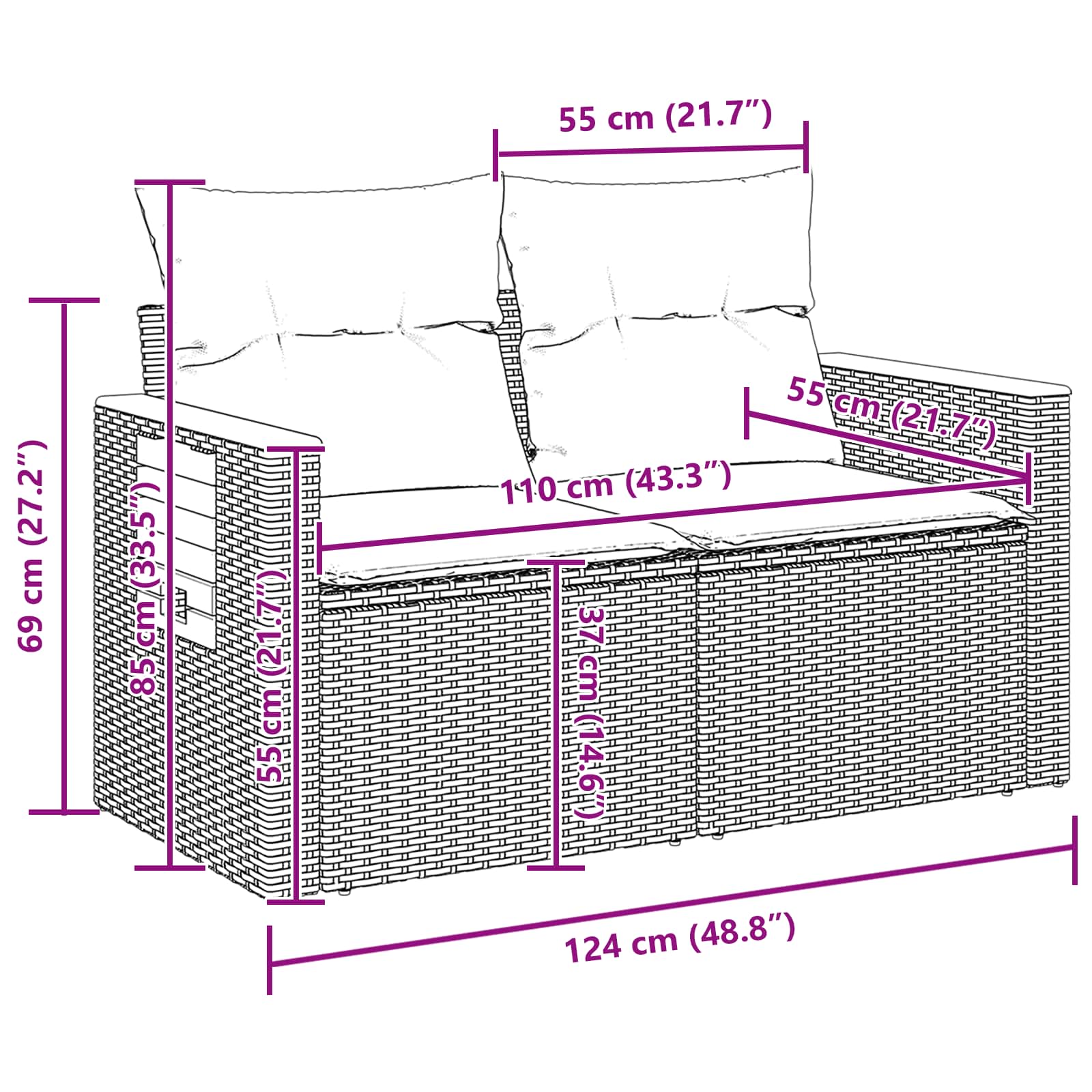 Tuinbankenset 8 pcs Zwart Poly rattan en gepoedercoat staal