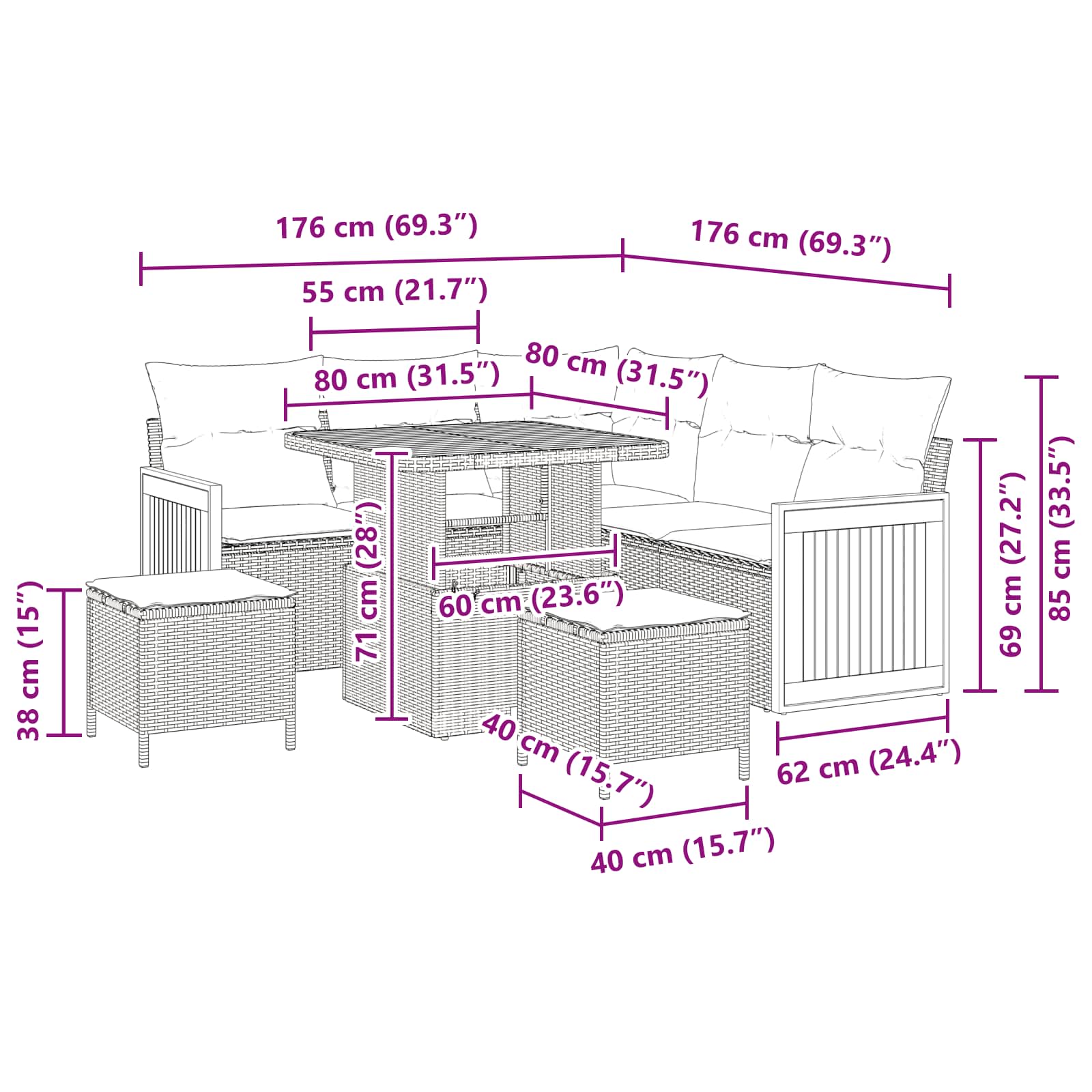 Tuinbankenset met kussen 8 pcs Beige en Crème