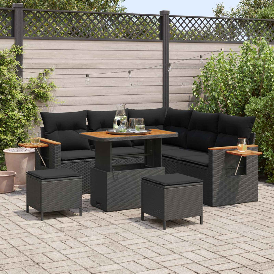 Tuinbankenset 8 pcs Zwart Poly rattan en gepoedercoat staal
