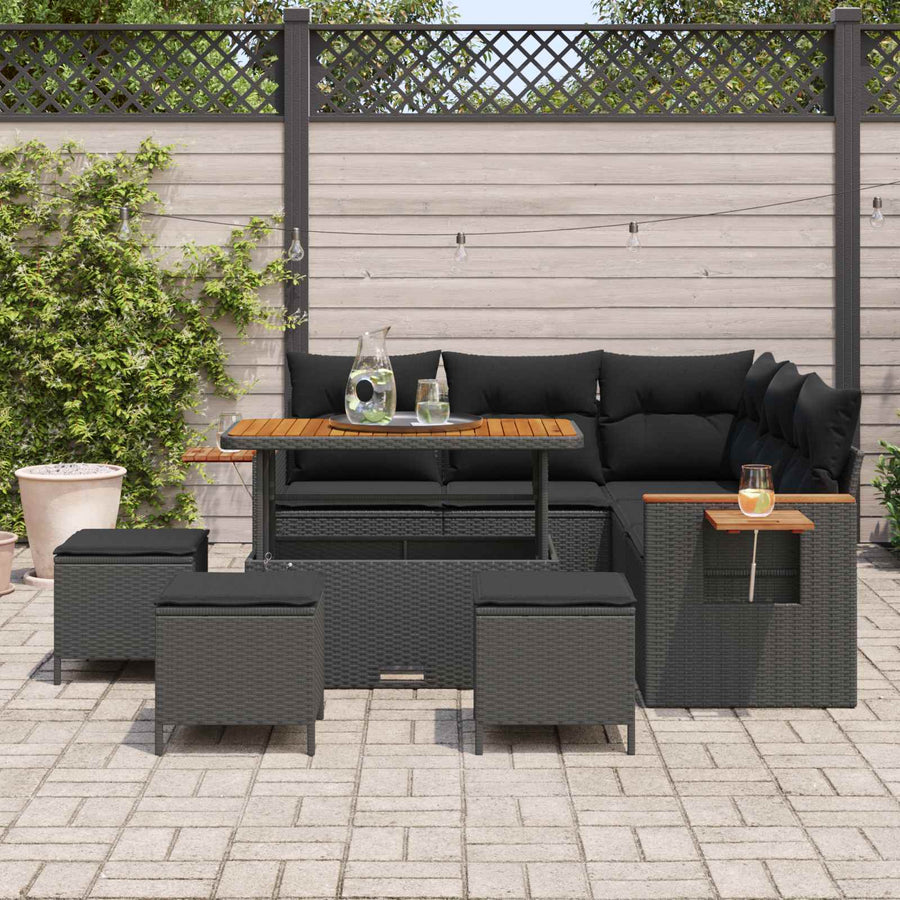 Tuinbankenset 9 pcs Zwart Poly rattan en gepoedercoat staal