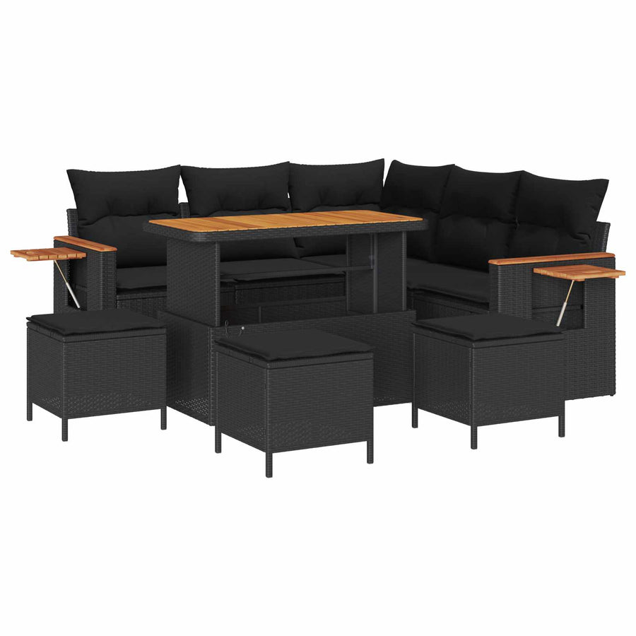 Tuinbankenset 9 pcs Zwart Poly rattan en gepoedercoat staal