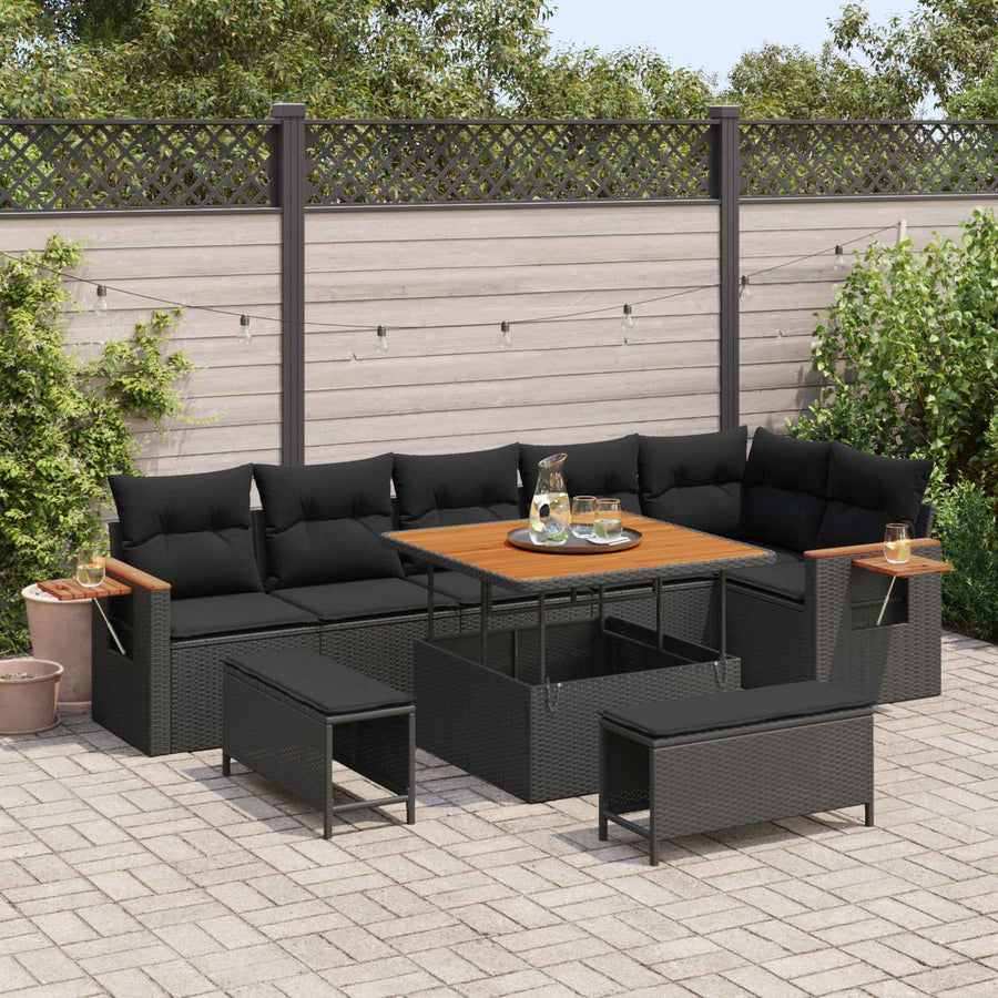 Tuinbankenset 9 pcs Zwart Poly rattan en gepoedercoat staal