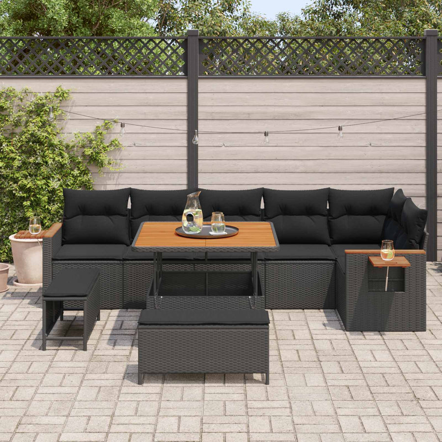Tuinbankenset 9 pcs Zwart Poly rattan en gepoedercoat staal