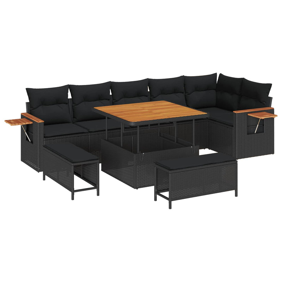 Tuinbankenset 9 pcs Zwart Poly rattan en gepoedercoat staal