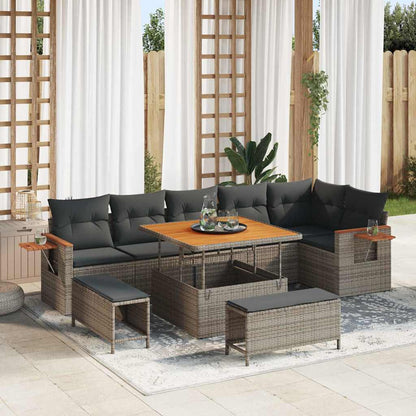 Tuinbankenset 9 pcs Grijs Poly rattan en gepoedercoat staal