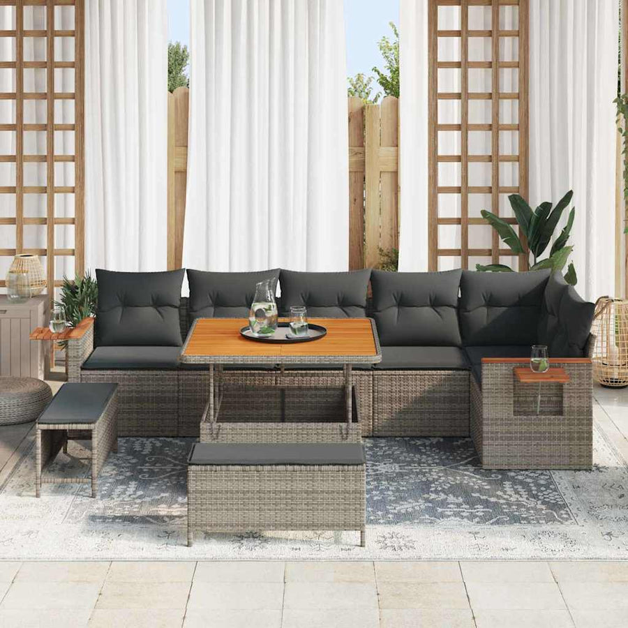 Tuinbankenset 9 pcs Grijs Poly rattan en gepoedercoat staal