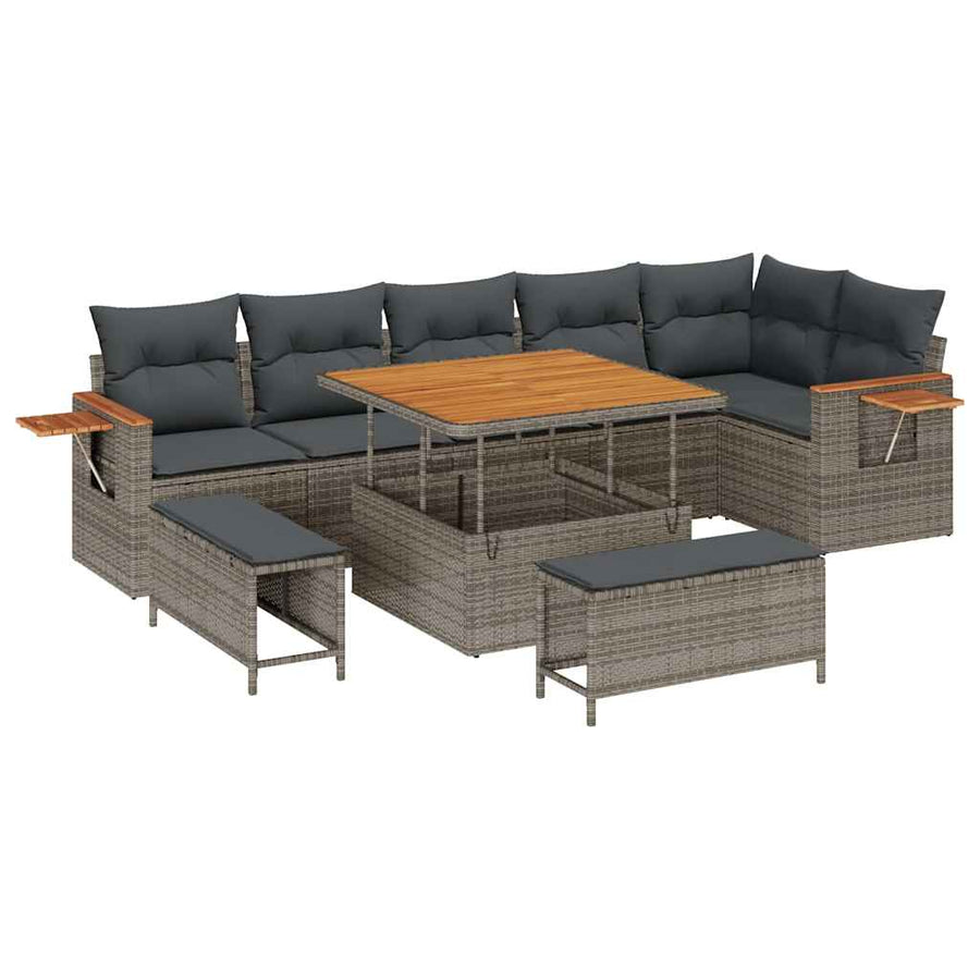 Tuinbankenset 9 pcs Grijs Poly rattan en gepoedercoat staal