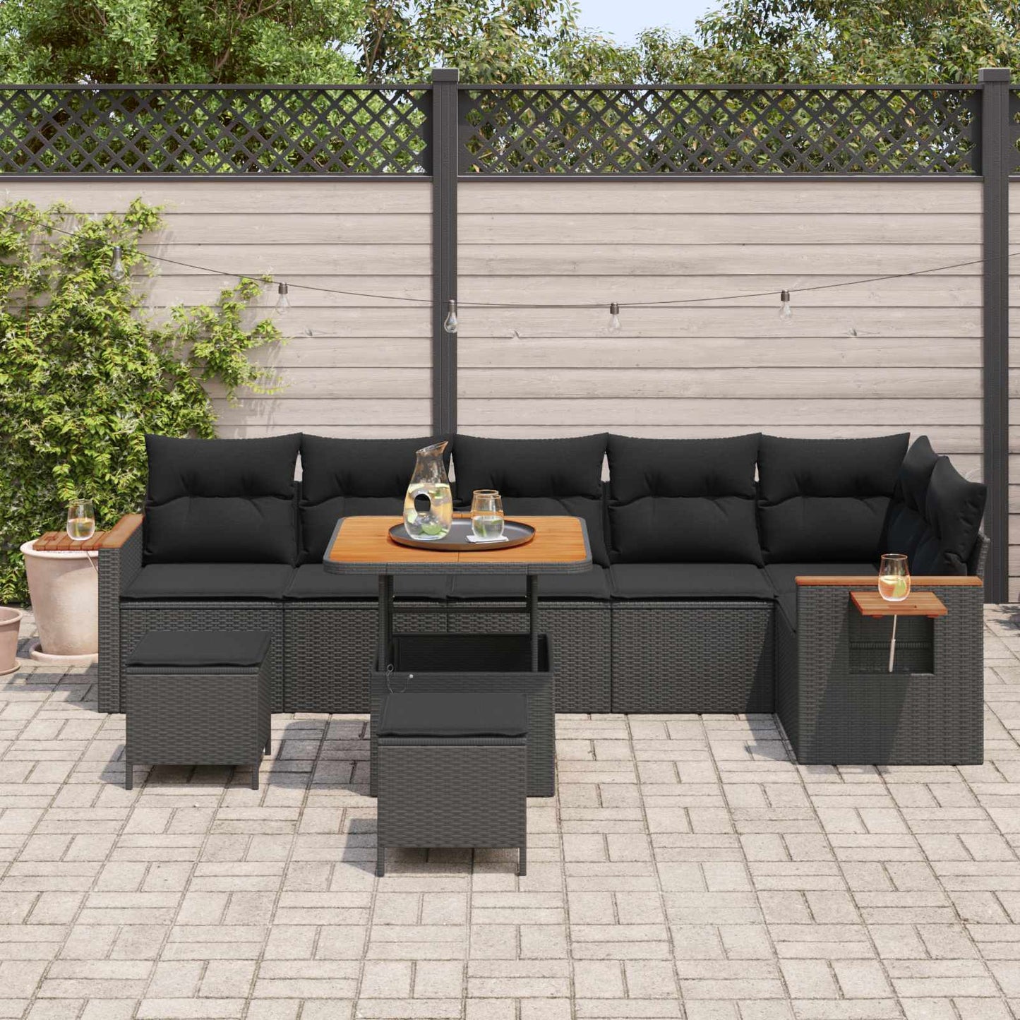 Tuinbankenset 9 pcs Zwart Poly rattan en gepoedercoat staal