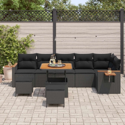 Tuinbankenset 9 pcs Zwart Poly rattan en gepoedercoat staal