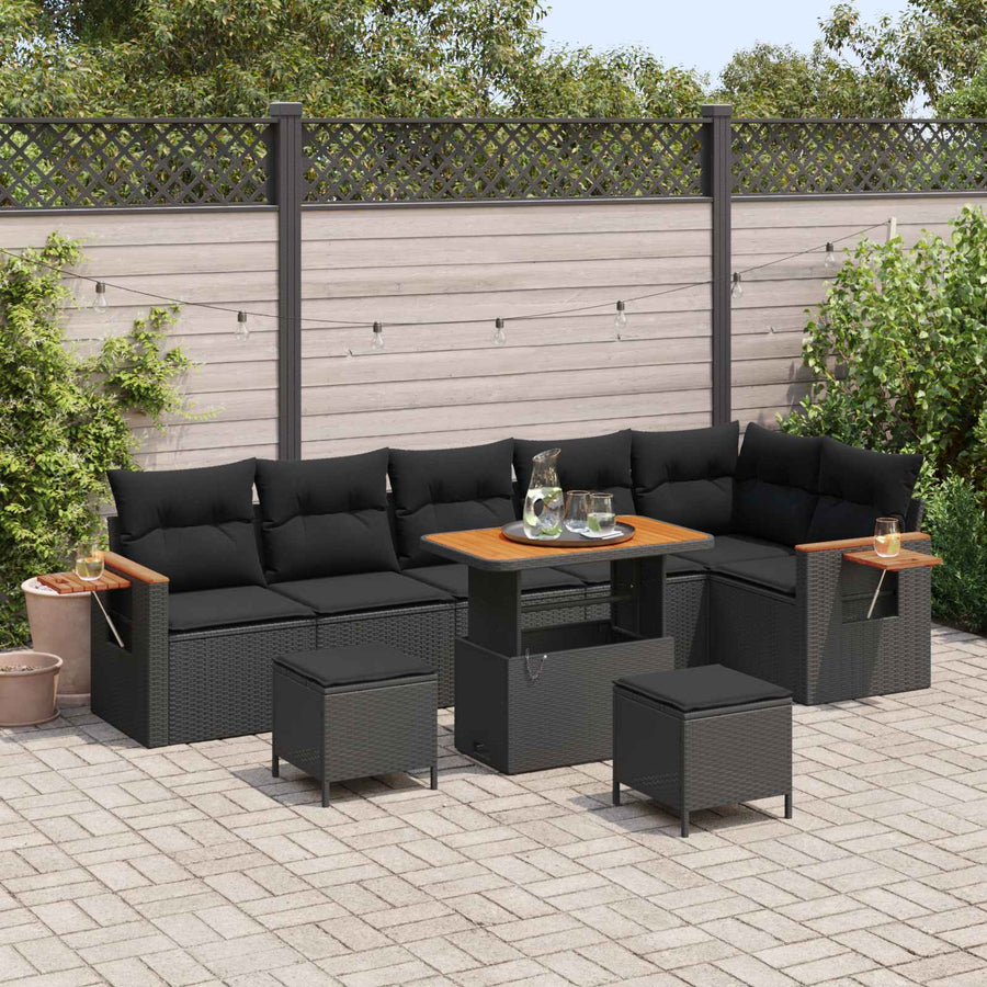 Tuinbankenset 9 pcs Zwart Poly rattan en gepoedercoat staal