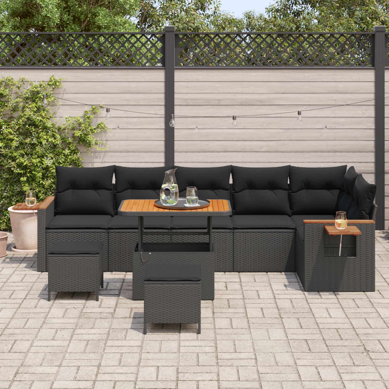Tuinbankenset 9 pcs Zwart Poly rattan en gepoedercoat staal