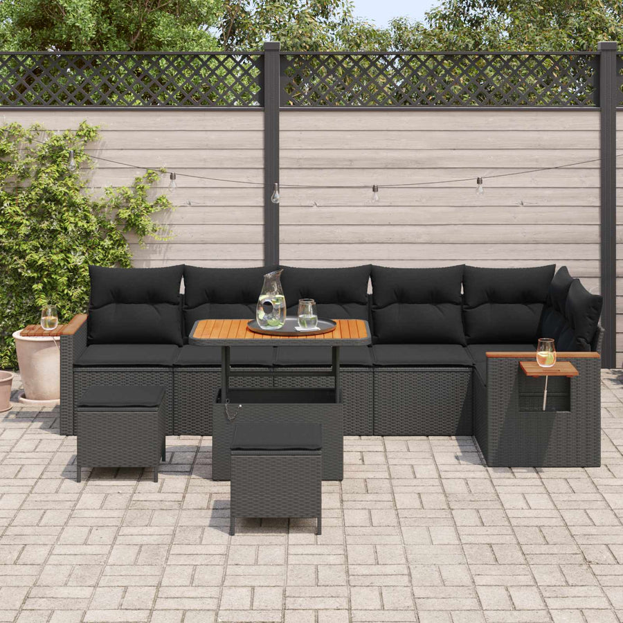 Tuinbankenset 9 pcs Zwart Poly rattan en gepoedercoat staal