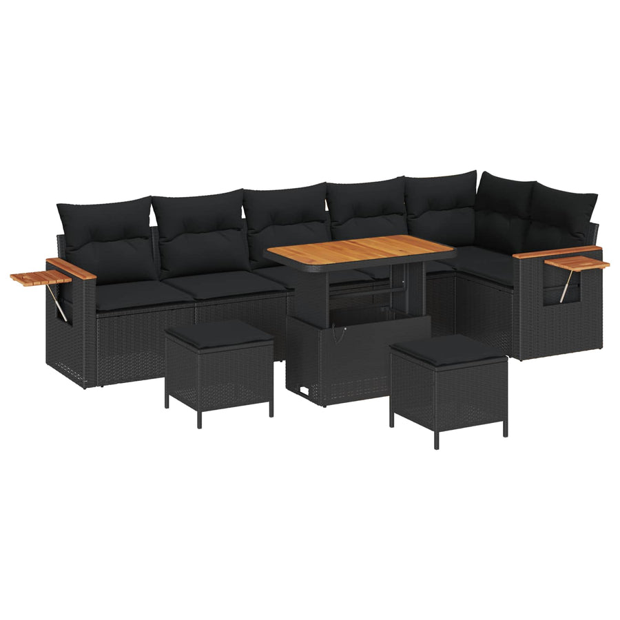 Tuinbankenset 9 pcs Zwart Poly rattan en gepoedercoat staal