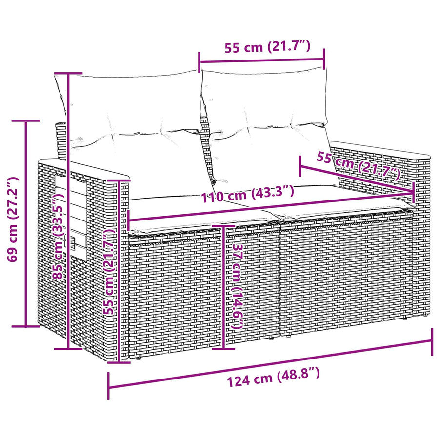 Tuinbankenset 9 pcs Zwart Poly rattan en gepoedercoat staal