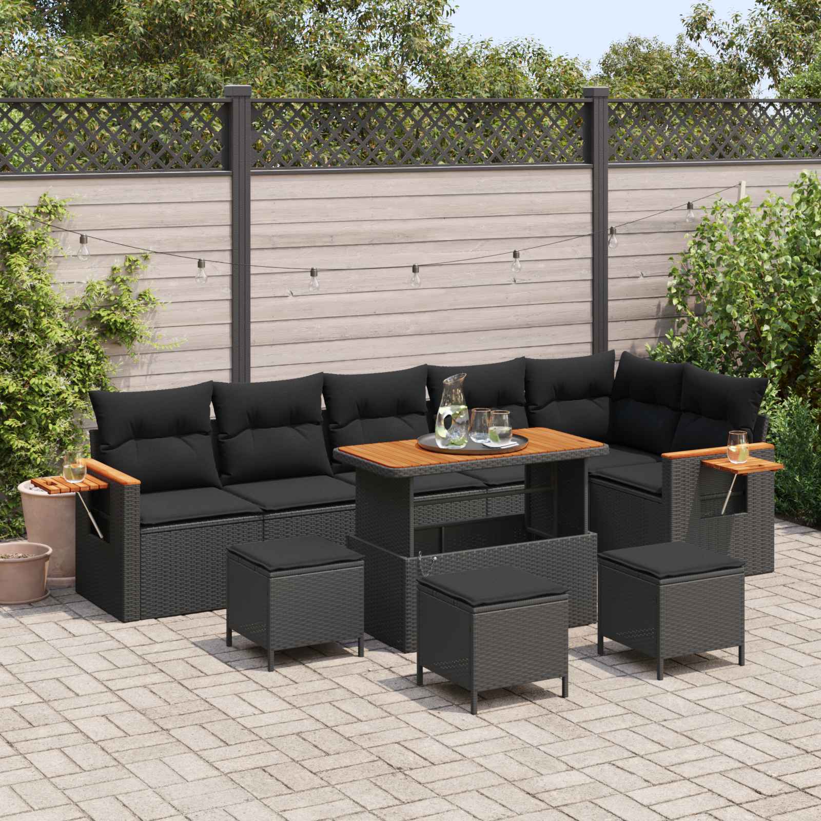 Tuinbankenset 10 pcs Zwart Poly rattan en gepoedercoat staal