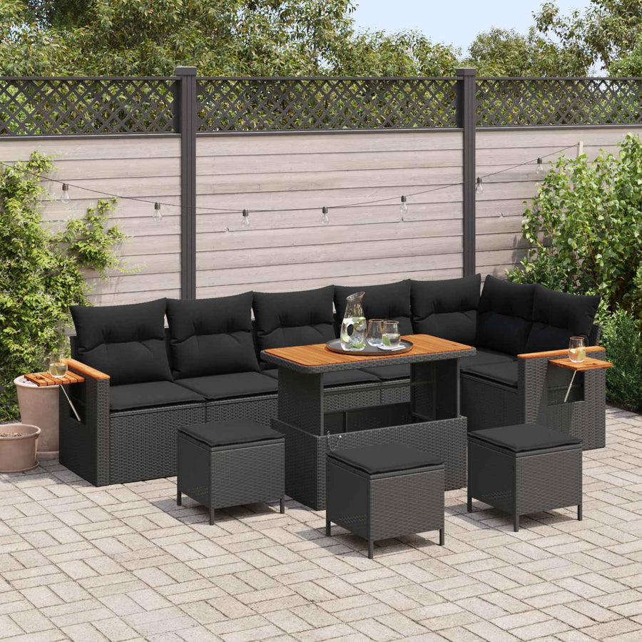 Tuinbankenset 10 pcs Zwart Poly rattan en gepoedercoat staal